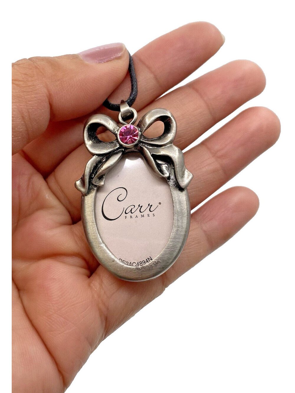 Vintage Carr Bow Rhinestone Mini Photo Frame Pendant String Necklace Birthstone